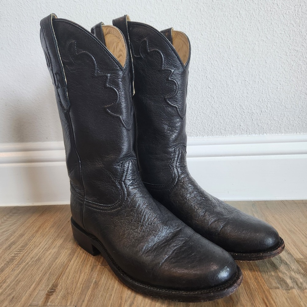 VTG R. Watson Black Exotic Cow Leather Round Toe Size 9.5 EE Mens Cowboy Boots